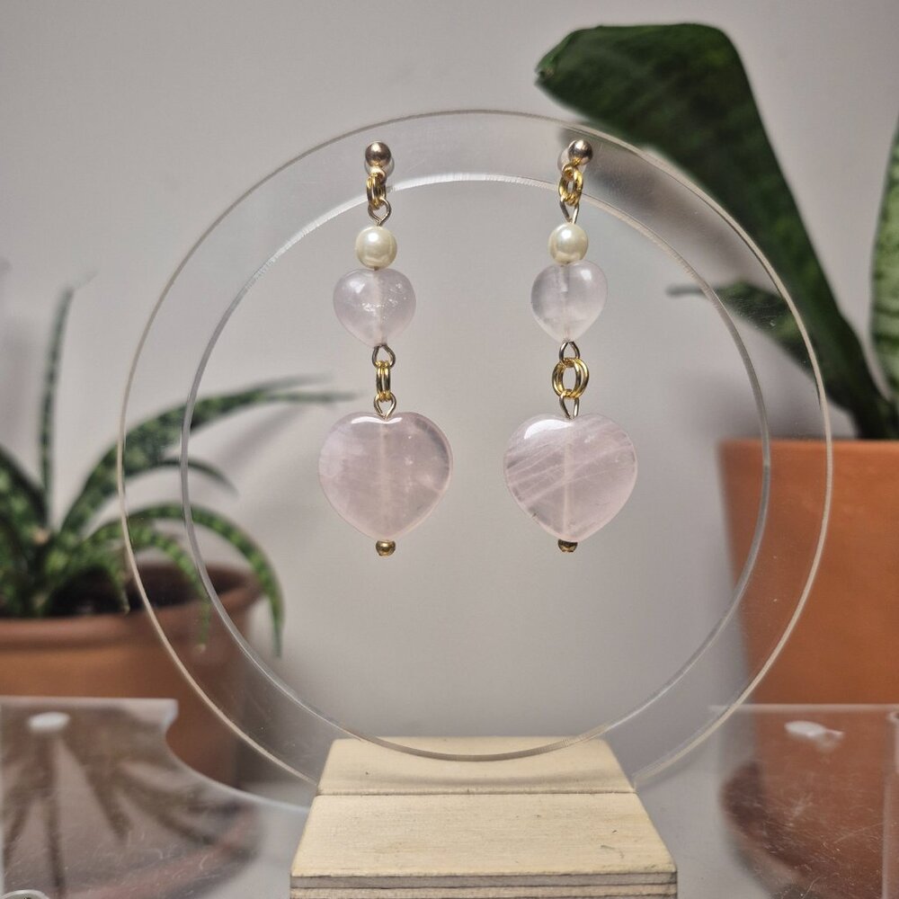 Rose Quartz Hearts Earings - Picture 2 of 8